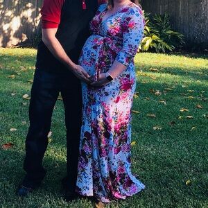 Pinkblush White Floral Wrap Maternity Maxi Dress with Pink & Purple Blooms